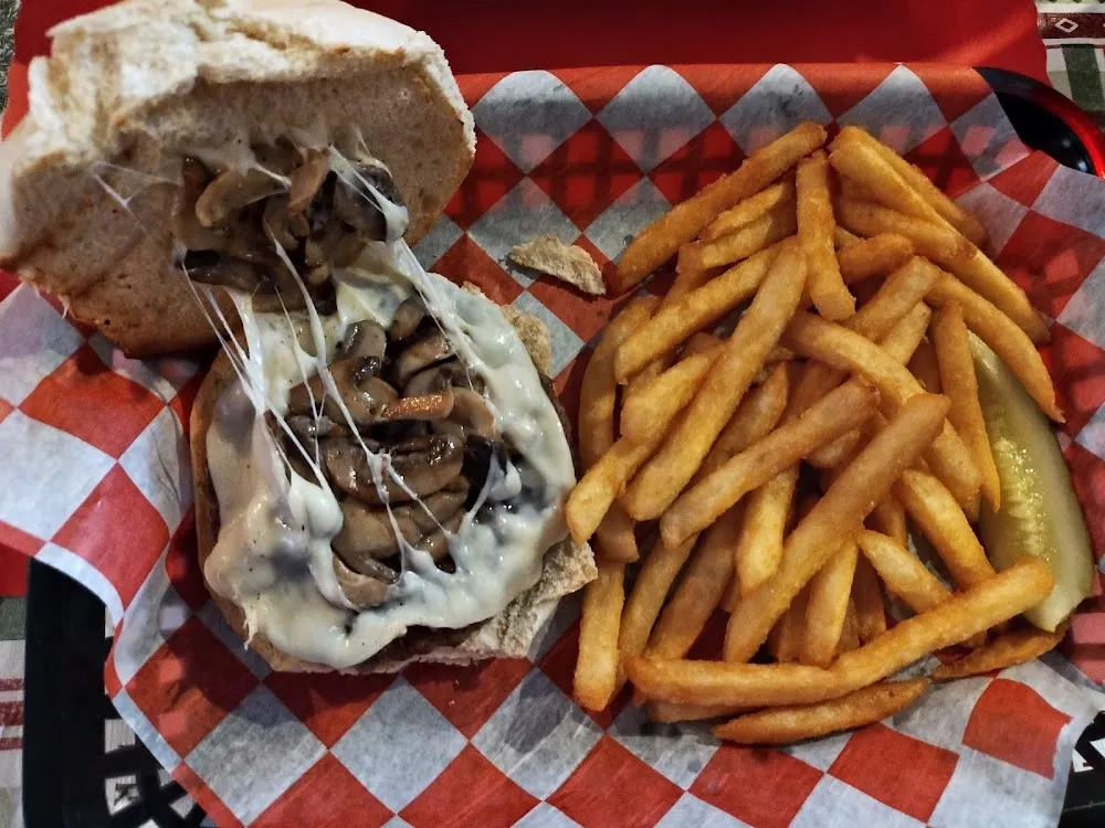 Mushroom Burger Smothered in Cheese French Fries